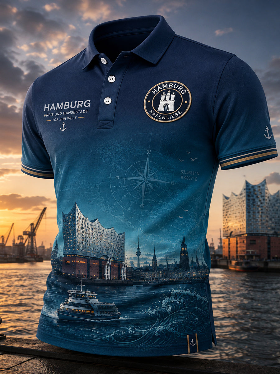 Herren-Poloshirt mit kurzen Ärmeln und urbanem, erinnerungsträchtigem Grafikdruck