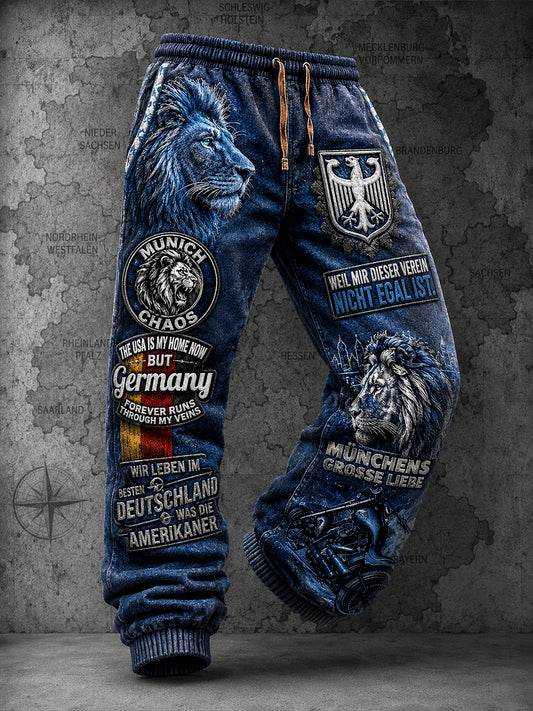 Dunkelblaue Freizeit-Sporthose für Herren mit deutschem Slogan-Print