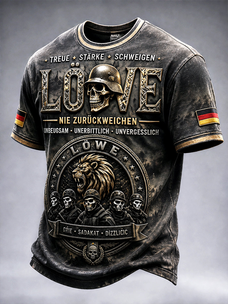 Herren-Retro-T-Shirt in Schwarz mit deutsch-militärischem Print, lässig geschnitten