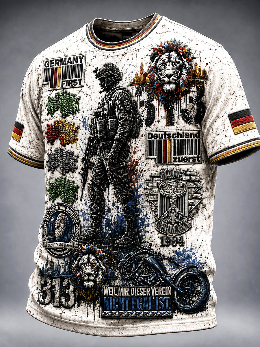 Herren-Vintage-Casual-T-Shirt in Weiß mit militärinspiriertem Print im deutschen Stil