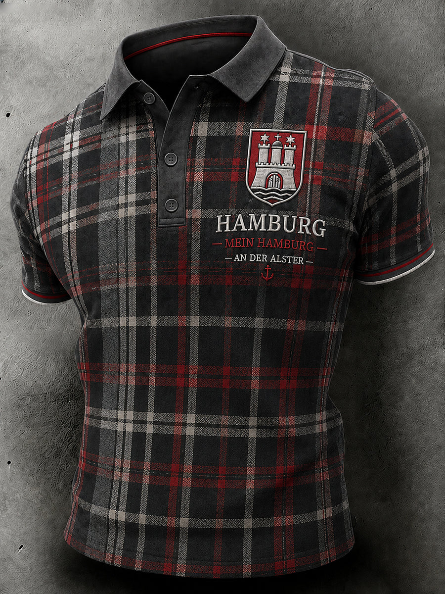 Herren-Poloshirt mit kurzen Ärmeln und urbanem, erinnerungsträchtigem Grafikdruck
