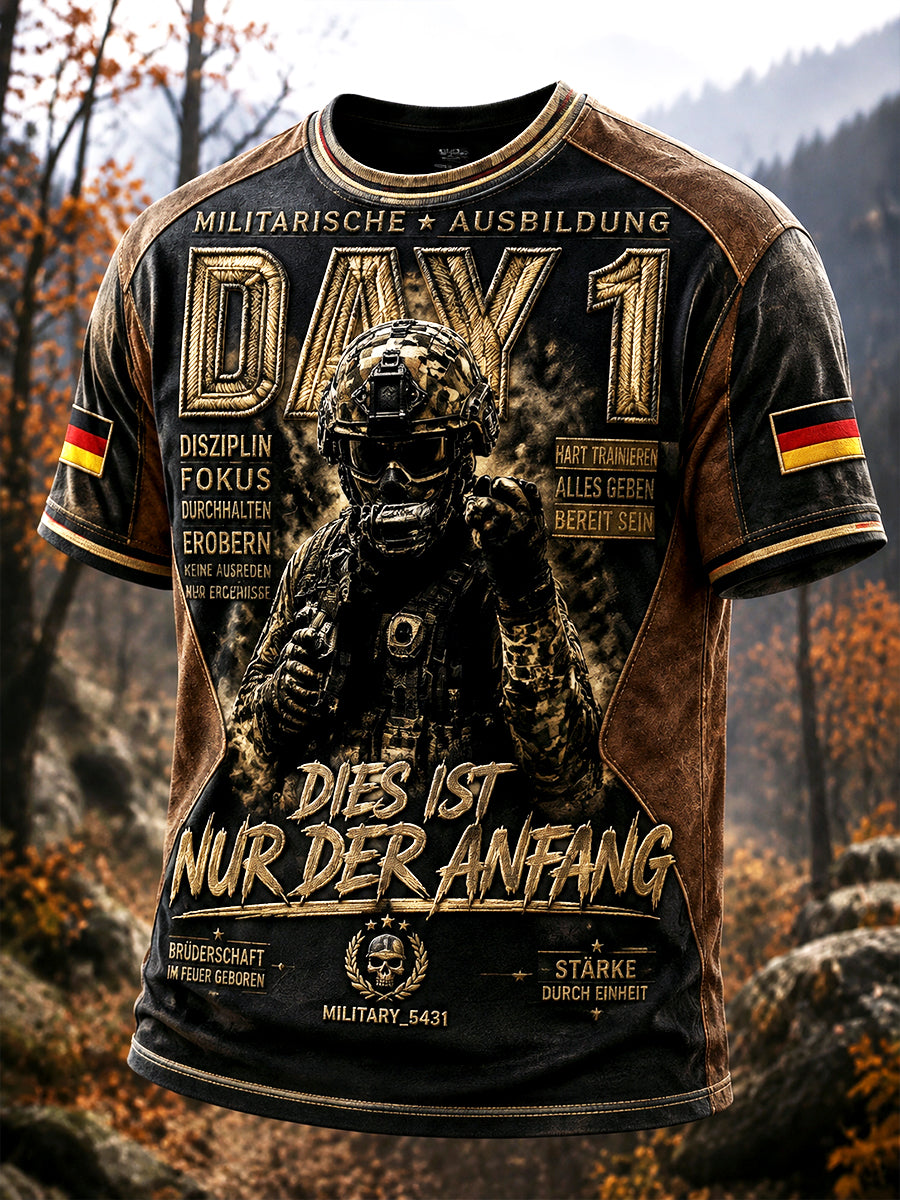 Herren-Retro-Casual-T-Shirt im militärinspirierten Patchwork-Design