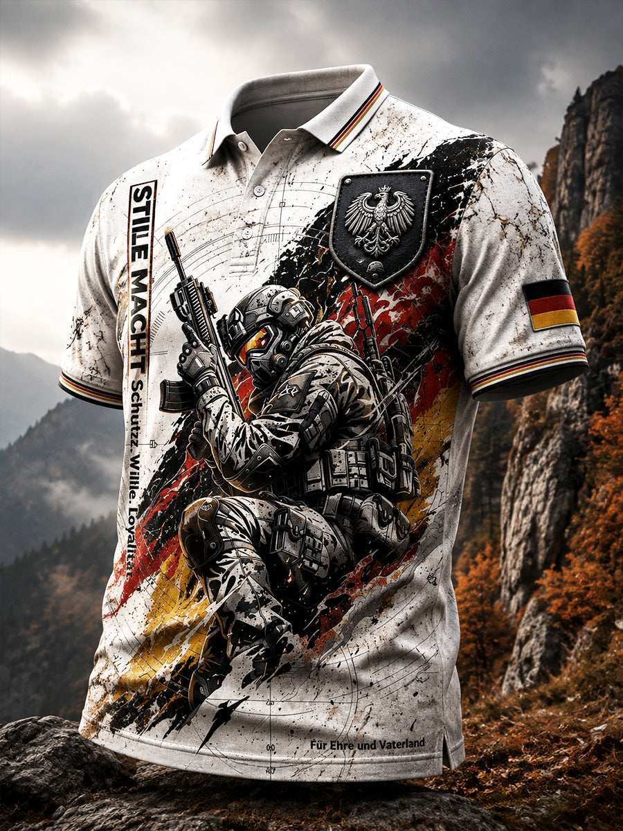 Herren-Vintage-Poloshirt in Weiß mit deutschem Militärmotiv und lässigem Print