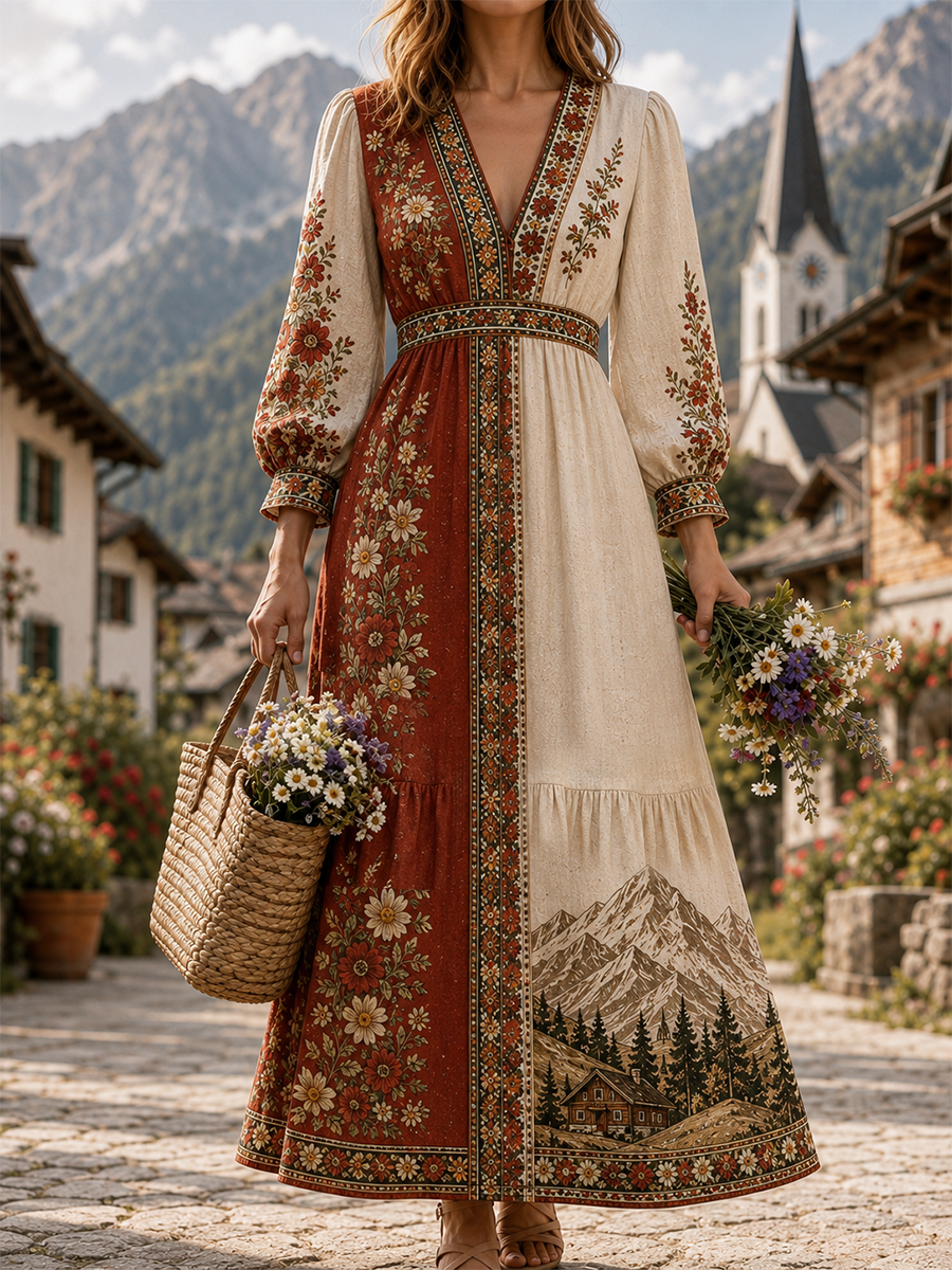Damenkleid im österreichischen Landhausstil, retro, lässig, aus Baumwolle und Leinen