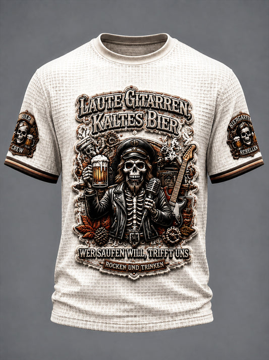 Herren Off-White T-Shirt im Bier-Rock-Stil mit deutschem Slogan-Print, lässig, waffelgewebt