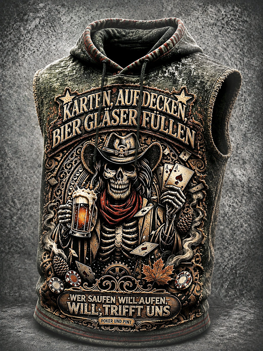 Herren-Vintage-Weste im deutschen Bierstil mit lässigem Slogan-Print und Kapuze