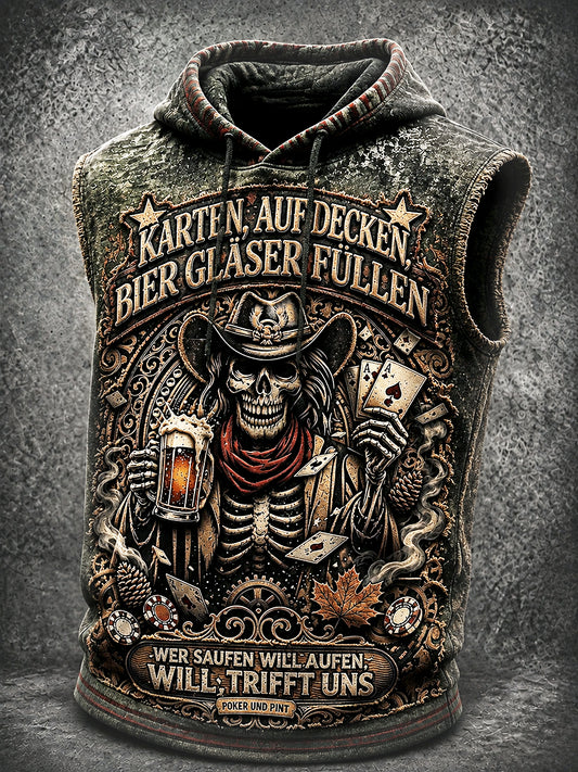 Herren-Vintage-Weste im deutschen Bierstil mit lässigem Slogan-Print und Kapuze