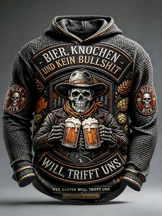 Herren-Retro-Sweatshirt im deutschen Bierknochen-Design, lässig mit Waffelstruktur und Kapuze