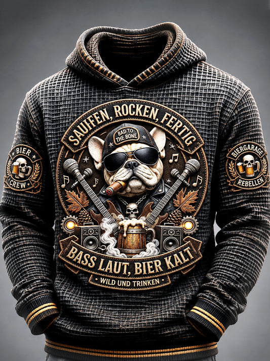 Herren-Vintage-Deutsch-Bier-Französische-Bulldogge-Print lässiger Kapuzenpullover aus Waffelstruktur