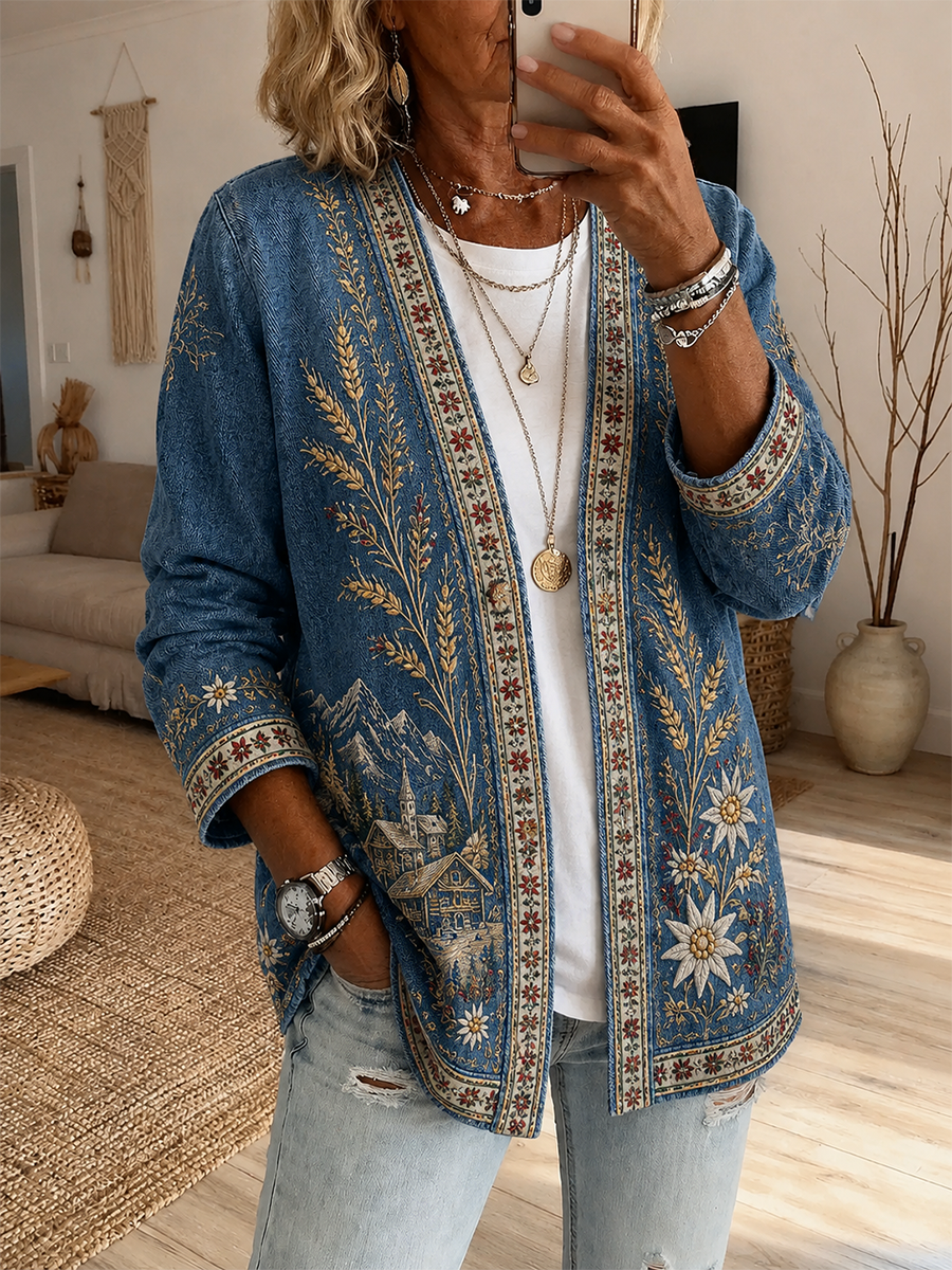 Damen-Strickjacke im österreichischen Landhausstil aus Denim, lässig geschnitten