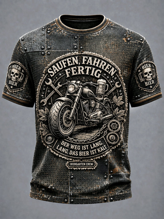 Herren-T-Shirt mit deutschem Bier- und Motorrad-Slogan, lässig, waffelgewebt