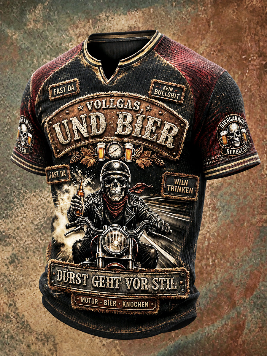 Herren-Vintage-T-Shirt im Bier- und Motorrad-Stil, lässig mit V-Ausschnitt