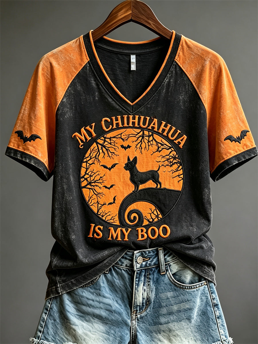 Damen Mein Chihuahua ist mein Boo Halloween Dog Mom Print Kurzarm T-Shirt
