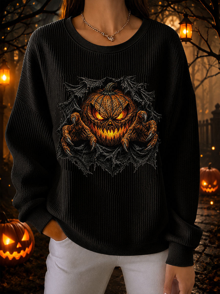 Frauen Halloween Kürbis Geripptes Rundhals-Sweatshirt