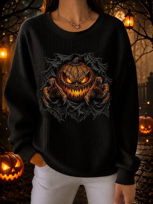 Frauen Halloween Kürbis Geripptes Rundhals-Sweatshirt