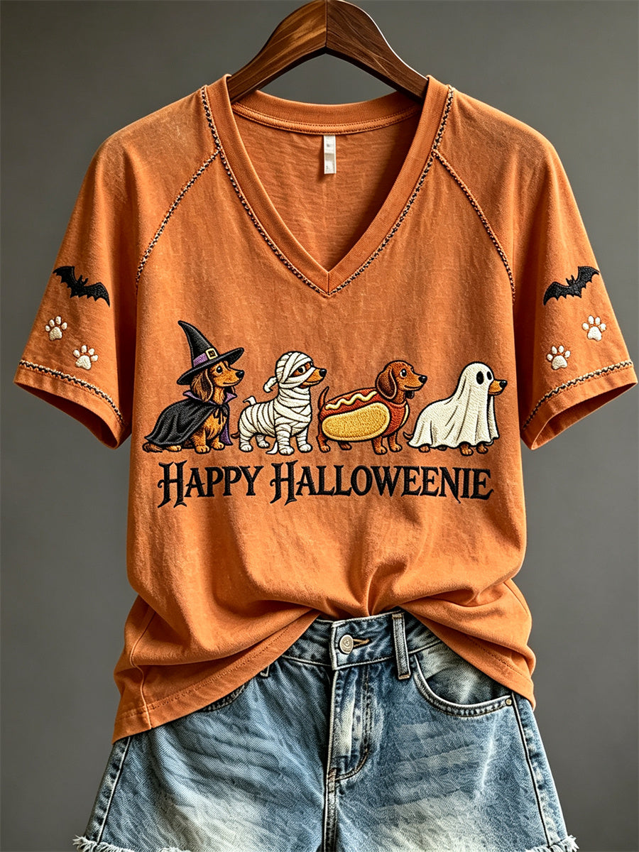 Frauen Happy Halloween Lustige Dackel Hunde Print Kurzarm T-Shirt