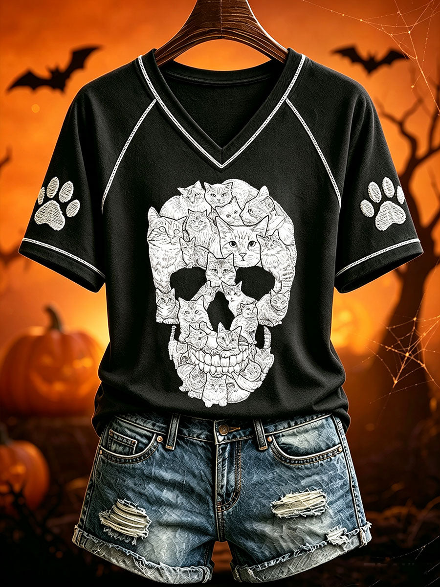 Damen-Halloween-T-Shirt mit Katzenkopf und V-Ausschnitt