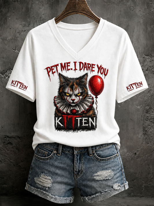 Damen-Halloween-Lässiges T-Shirt mit böser Katze