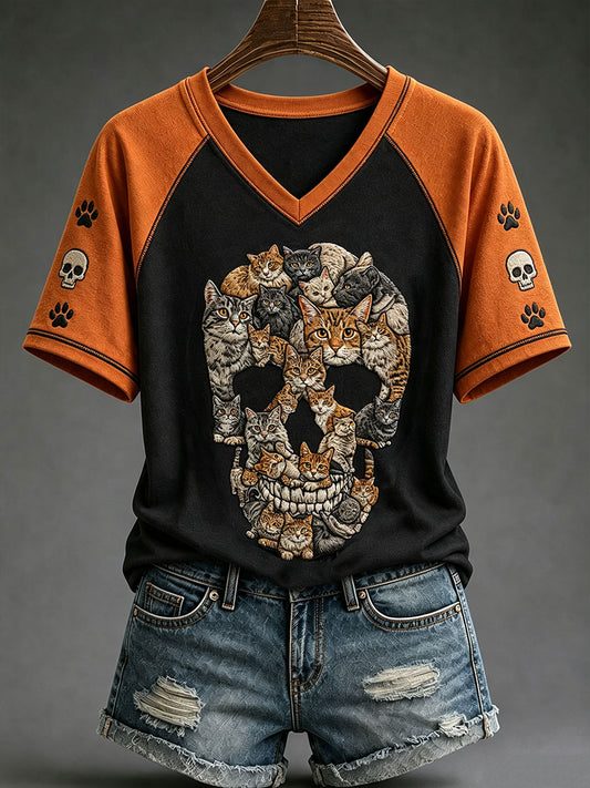 Frauen Halloween Katze Schädel V-Ausschnitt T-Shirt