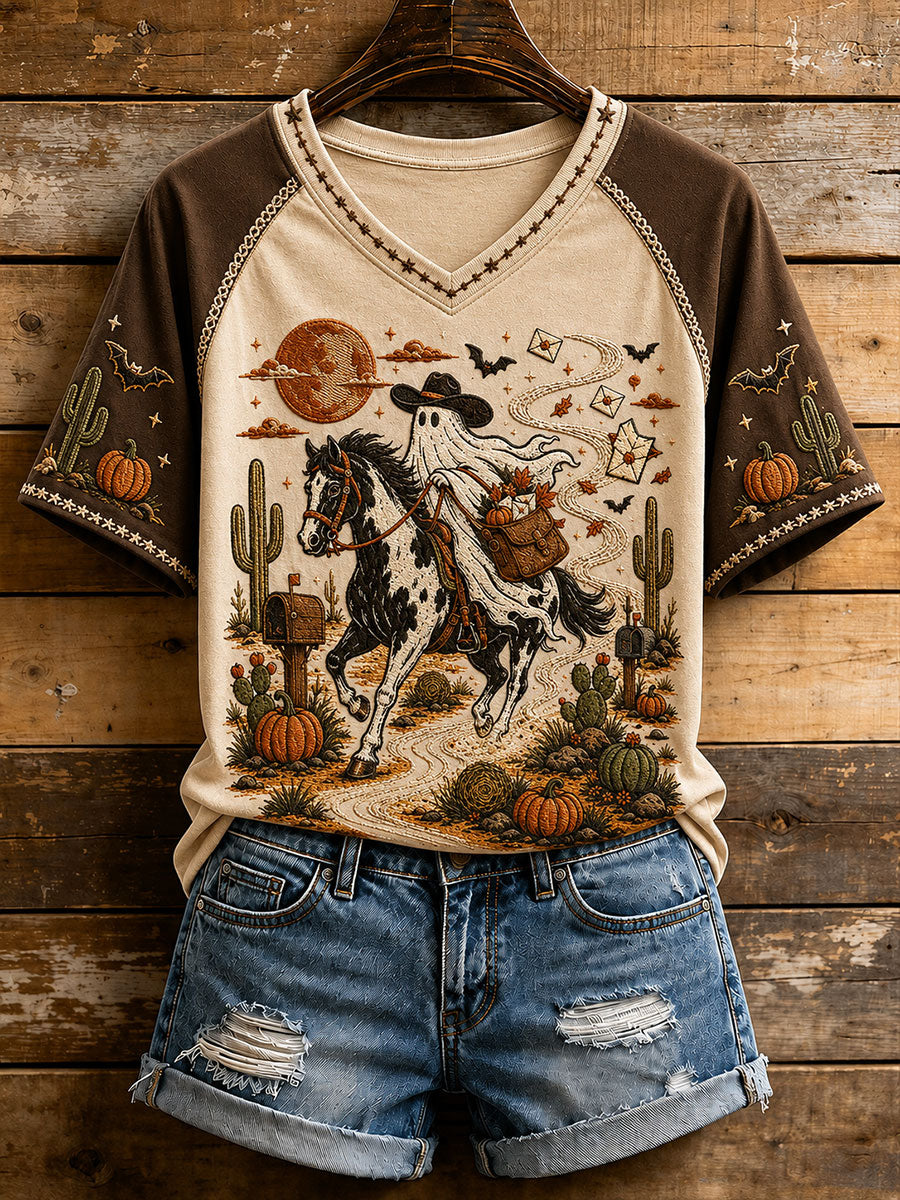 Westliches Halloween-Geist T-Shirt mit V-Ausschnitt für Frauen