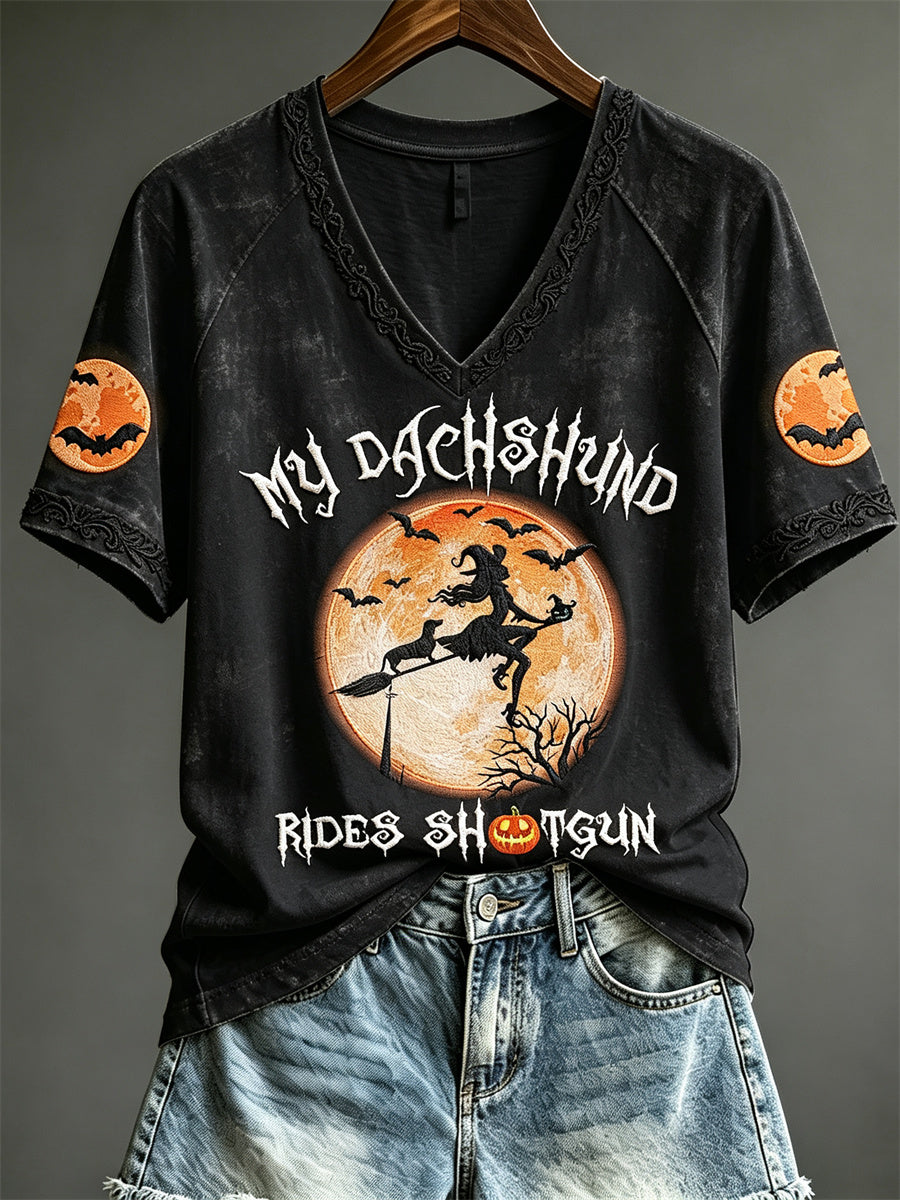 Damen Mein Dackel reitet Schrotflinte Halloween Hund Mama Hexe Print Kurzarm T-Shirt