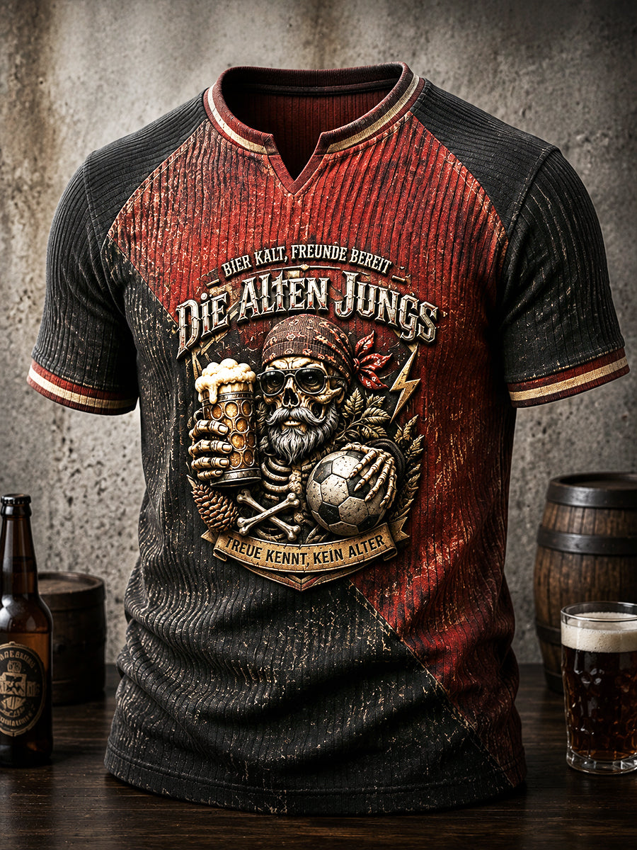 Herren-Retro-T-Shirt im deutschen Bier-Fußball-Stil mit Slogan-Print, lässig, waffelgewebt, V-Ausschnitt