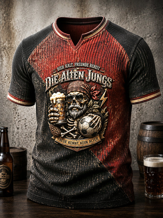 Herren-Retro-T-Shirt im deutschen Bier-Fußball-Stil mit Slogan-Print, lässig, waffelgewebt, V-Ausschnitt