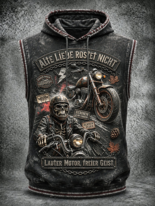 Herrenweste in Schwarz mit deutschem Motorrad-Slogan-Print, lässig und mit Kapuze