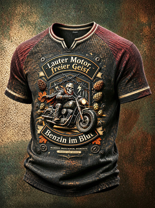 Herren-Retro-T-Shirt im deutschen Motorradstil mit Slogan-Print, lässig, waffelgewebt, V-Ausschnitt