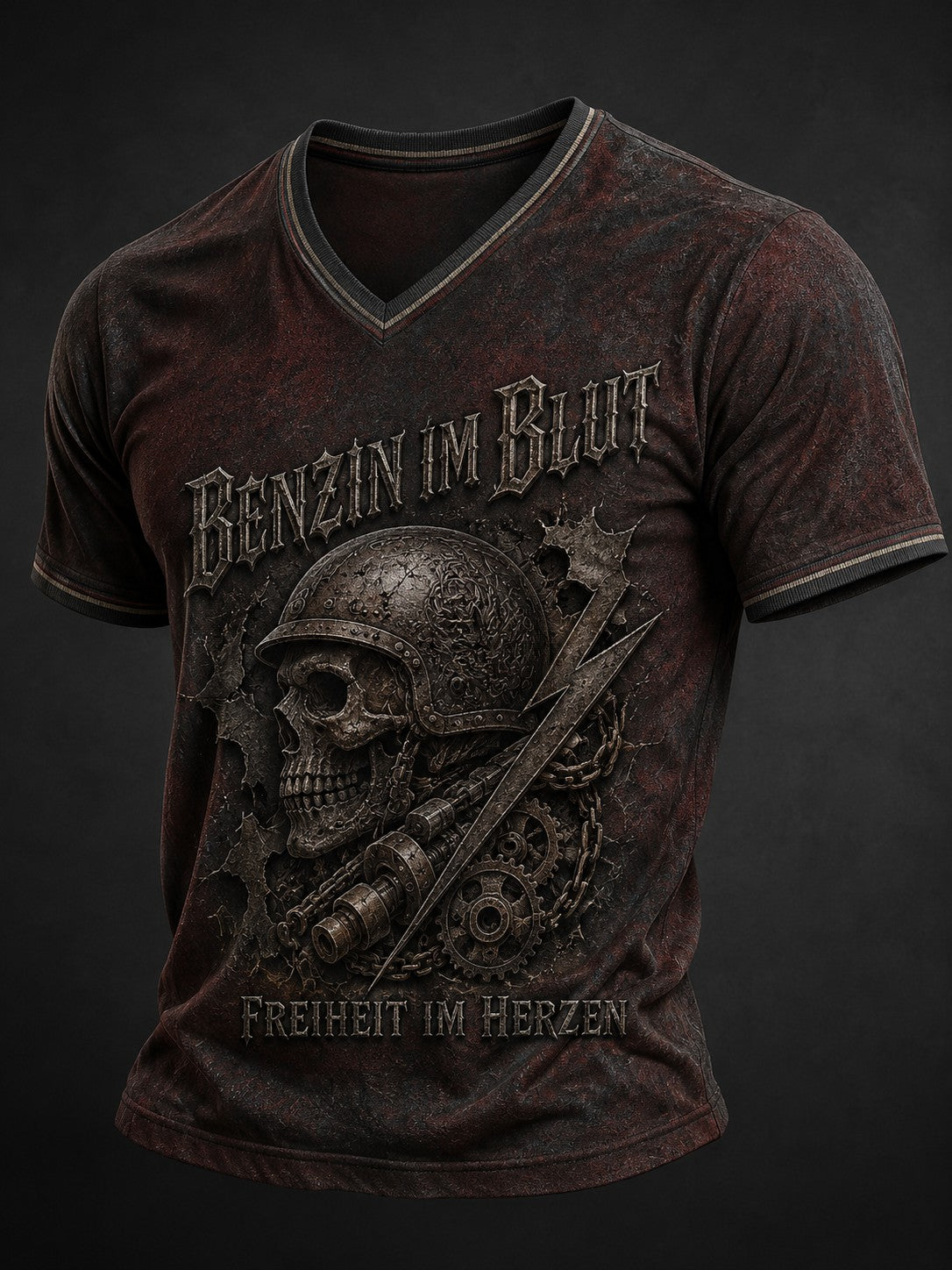 Herren-T-Shirt mit Aufdruck „BENZIN IM BLUT FREIHEIT IM HERZEN“ und V-Ausschnitt