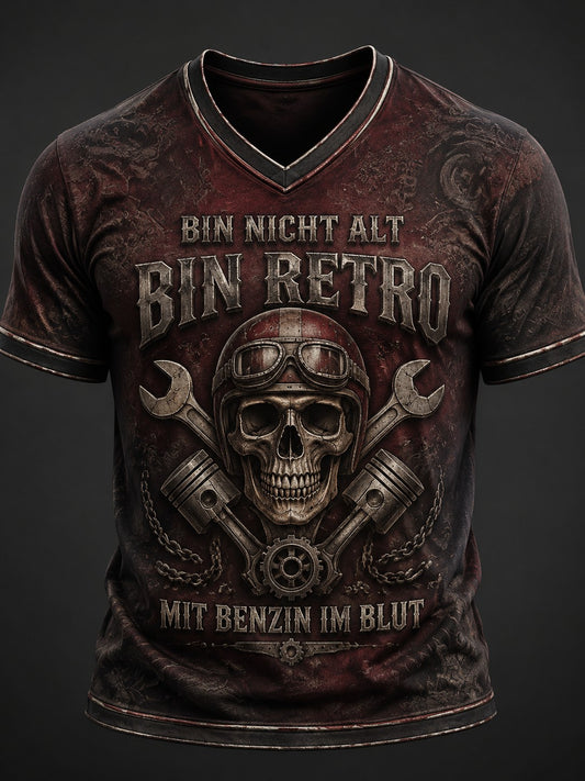 Herren-BIN NICHT ALT BIN RETRO MIT BENZIN IM BLUT bedrucktes V-Ausschnitt-T-Shirt