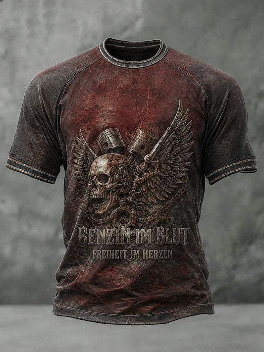 Herren-T-Shirt mit Aufdruck „BENZIN IM BLUT FREIHEIT IM HERZEN“