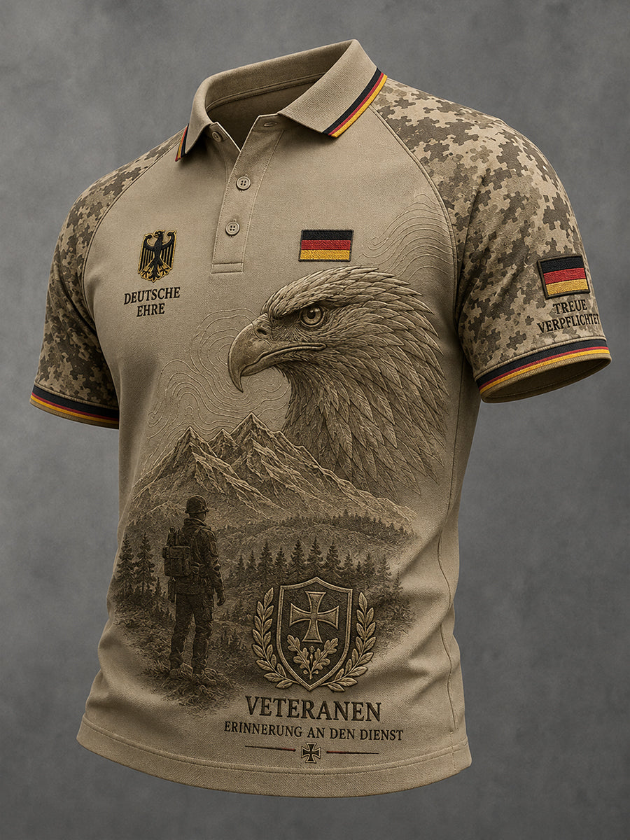 Herren-Poloshirt im Vintage-Stil mit Veteranen-Print, Raglanärmeln und kurzen Ärmeln