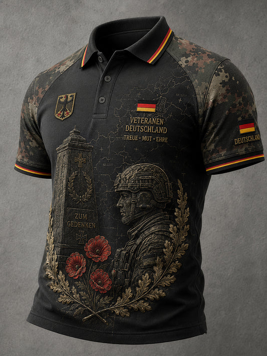 Herren-Poloshirt im Vintage-Stil mit Veteranen-Print, Raglanärmeln und kurzen Ärmeln