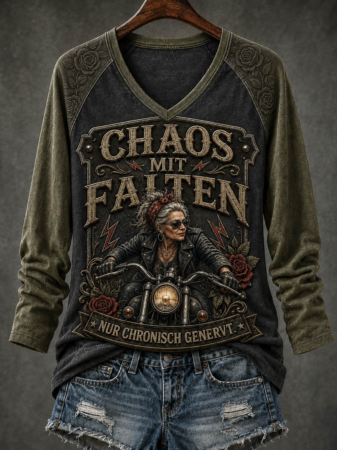 Frauen-T-Shirt aus Leinen mit humorvollem Spruch und langen Ärmeln