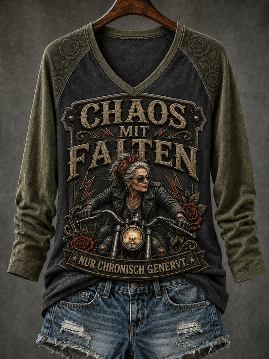 Frauen-T-Shirt aus Leinen mit humorvollem Spruch und langen Ärmeln