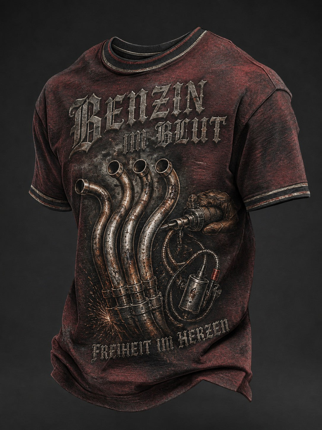 Herren-T-Shirt mit Aufdruck „BENZIN IM BLUT FREIHEIT IM HERZEN“