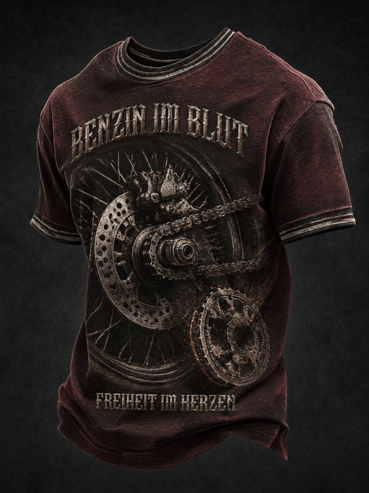 Herren-T-Shirt mit Aufdruck „BENZIN IM BLUT FREIHEIT IM HERZEN“