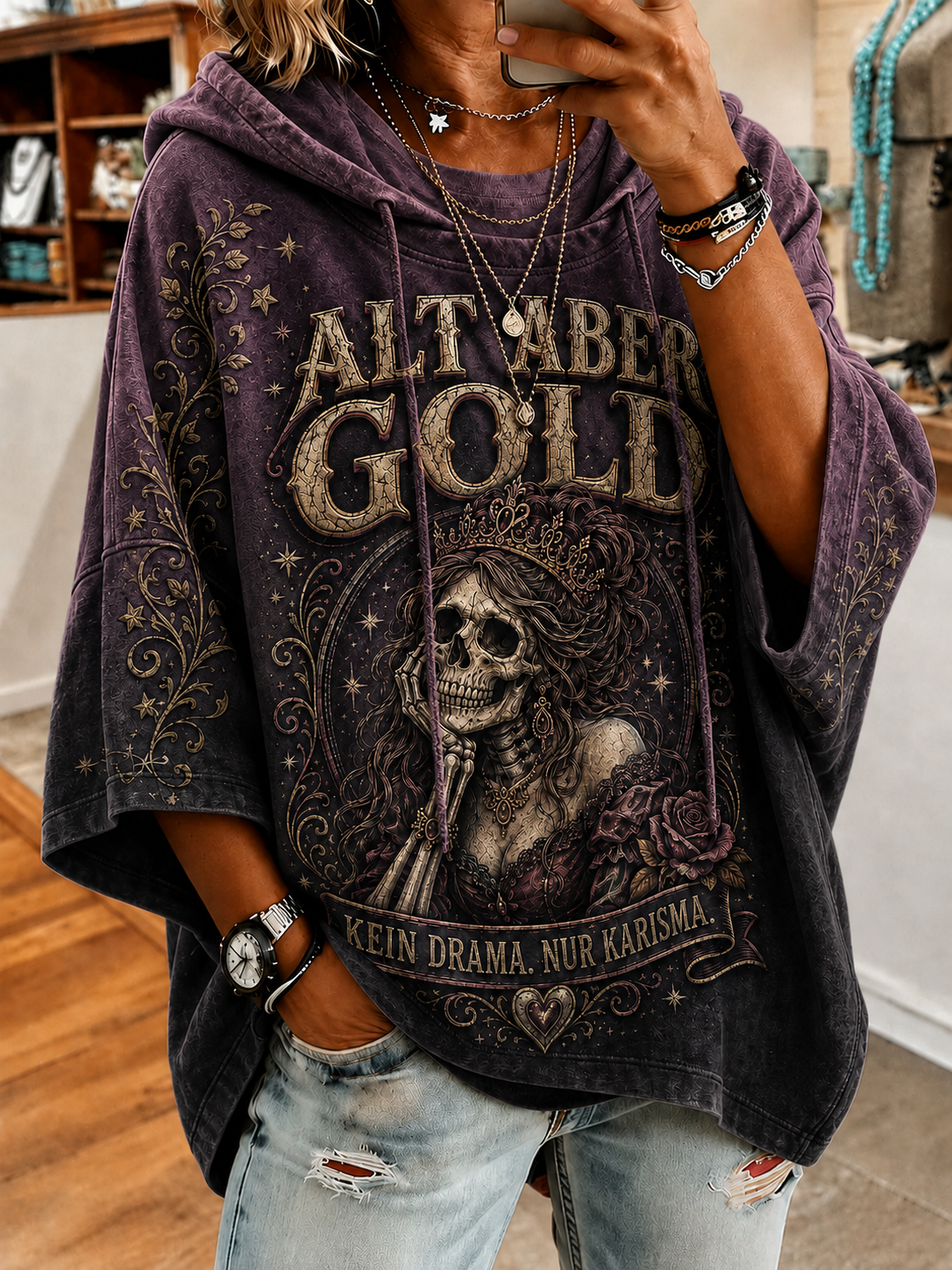 Frauen-Hoodie mit humorvollem Spruch und kurzen Ärmeln