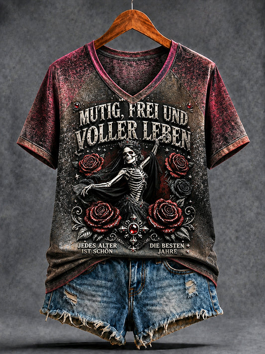 Damen-T-Shirt aus Deutschland mit Verlaufsmuster und V-Ausschnitt, lässig geschnitten