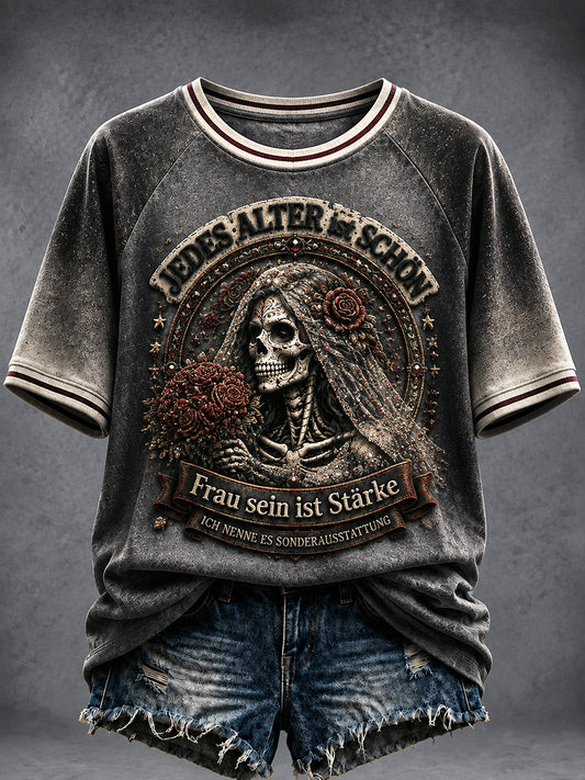 Damen-T-Shirt in Dunkelgrau mit deutschem feministischen Farbverlauf-Print, lässig geschnitten