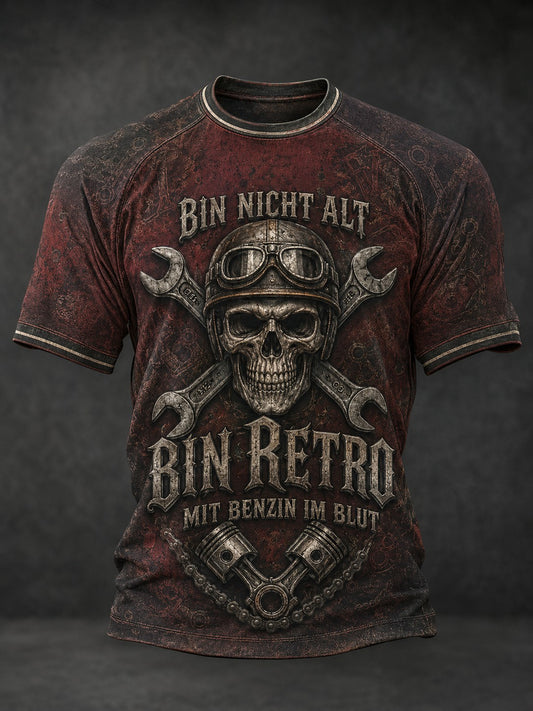 Herren-T-Shirt mit Aufdruck: BIN NICHT ALT, BIN RETRO MIT BENZIN IM BLUT