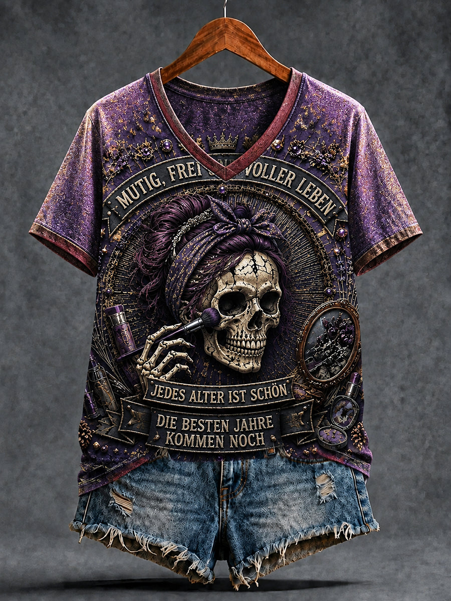 Damen-T-Shirt in Lila mit deutschem „Women’s Power“-Farbverlauf und lässigem V-Ausschnitt
