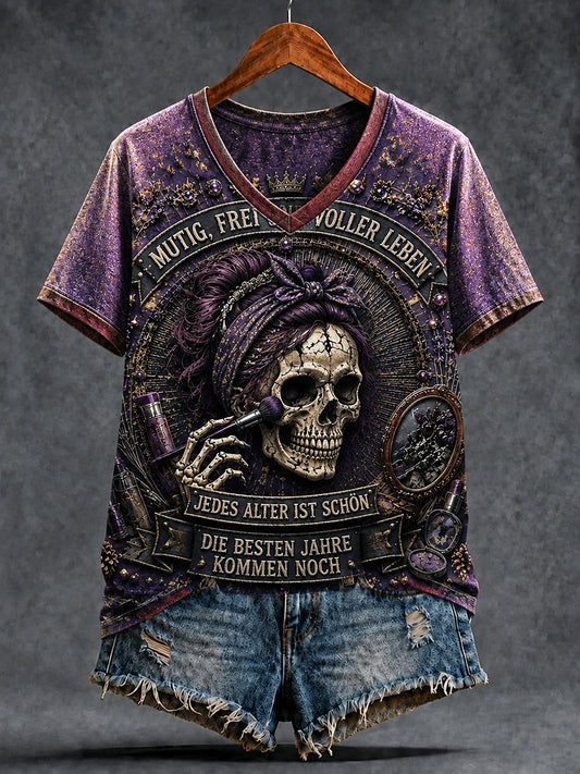 Damen-T-Shirt in Lila mit deutschem „Women’s Power“-Farbverlauf und lässigem V-Ausschnitt