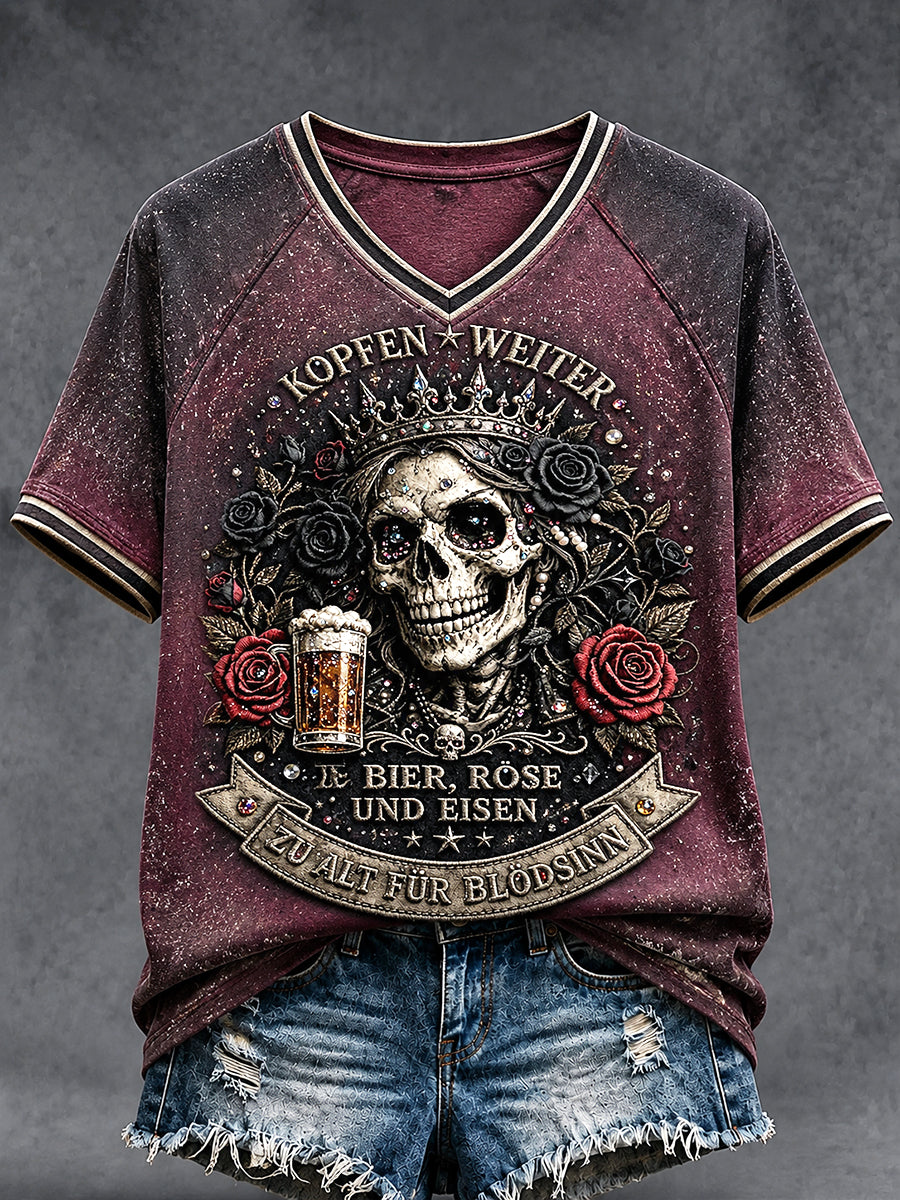 Damen-Deutschland-Frauenpower-Lila-Verlaufsaufdruck Lässiges V-Ausschnitt-T-Shirt
