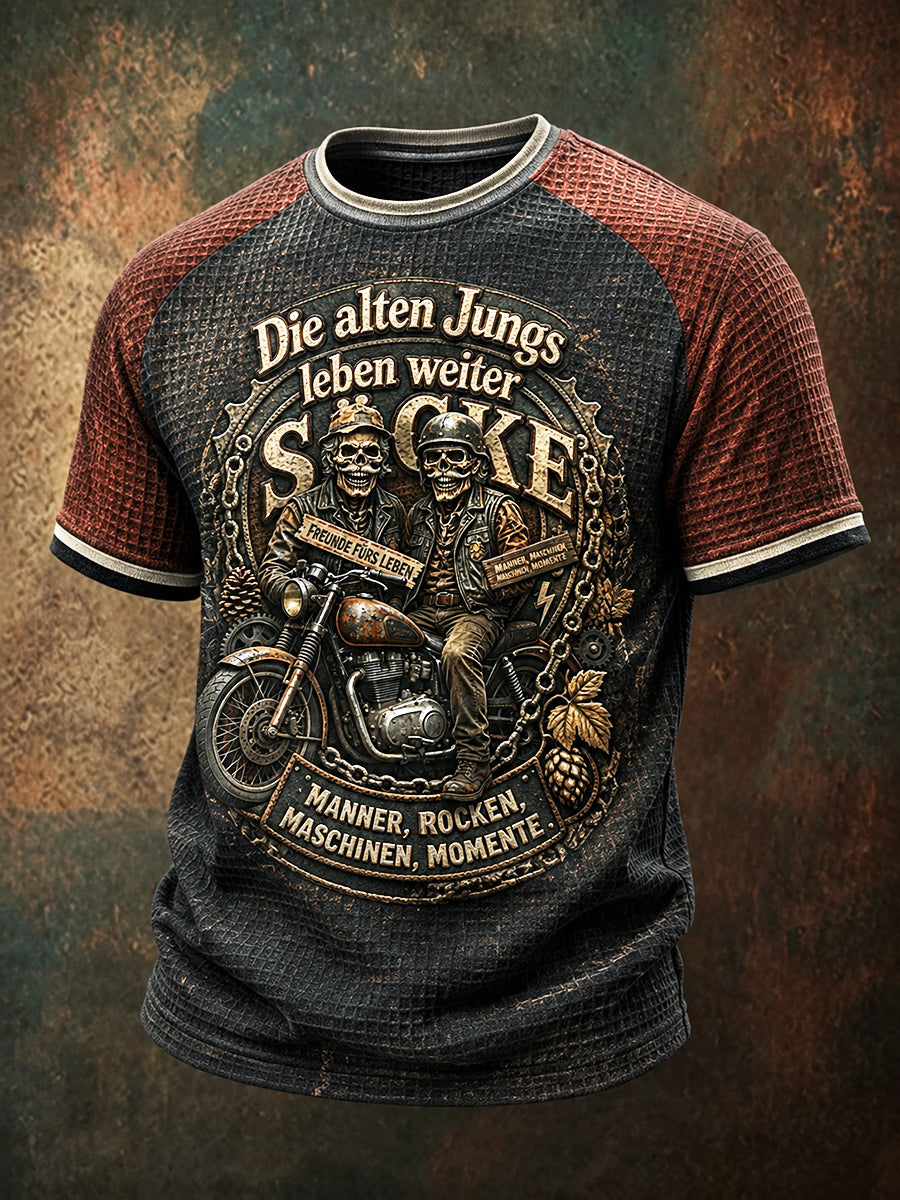 Herren-T-Shirt in Schwarz mit deutschem „Old Friend“-Schriftzug, lässiges Waffelstruktur-Design