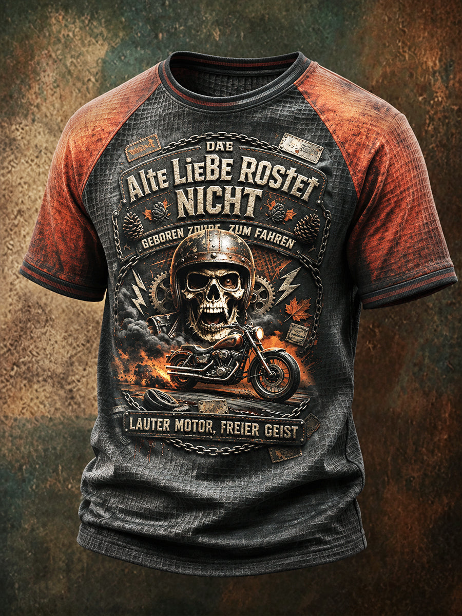 Herren-Vintage-T-Shirt im Waffelstrick mit deutschem Motorrad-Slogan, lässig geschnitten