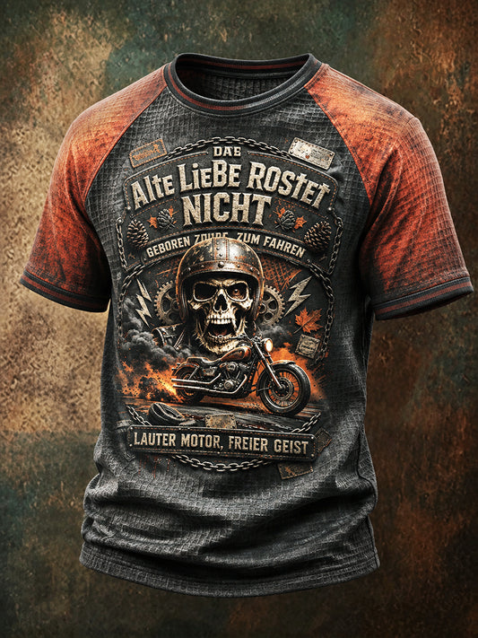 Herren-Vintage-T-Shirt im Waffelstrick mit deutschem Motorrad-Slogan, lässig geschnitten