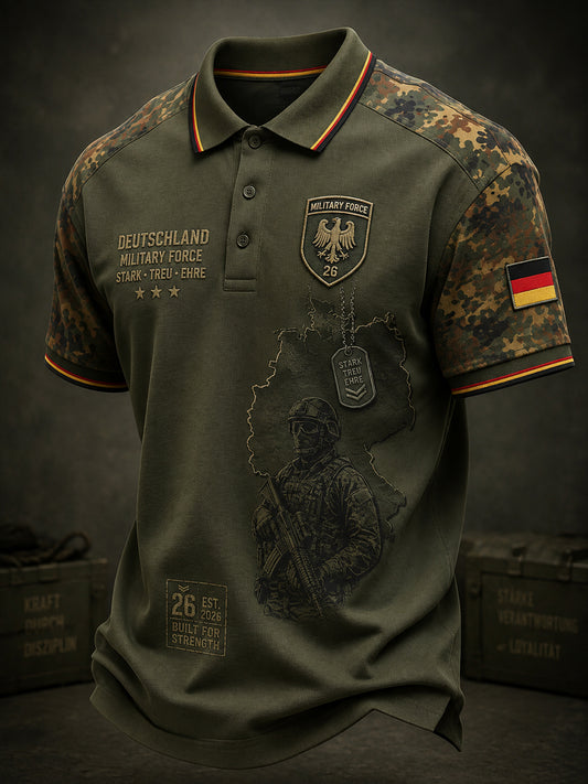 Herren-Poloshirt mit kurzen Ärmeln, Vintage-Camouflage- und militärstilistischen Prints