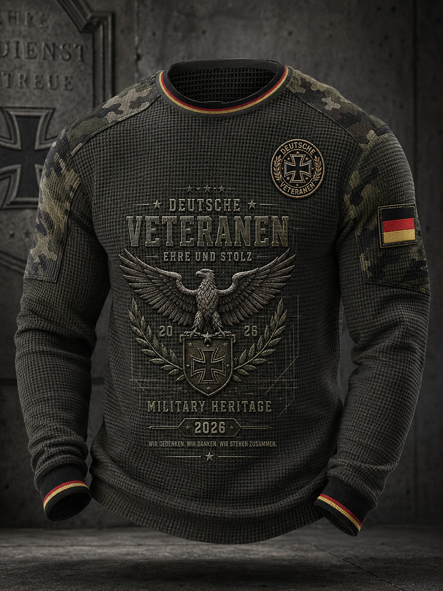 Herren-Vintage-Waffelstrick-Langarm-T-Shirt mit Camouflage-Print im Militärstil